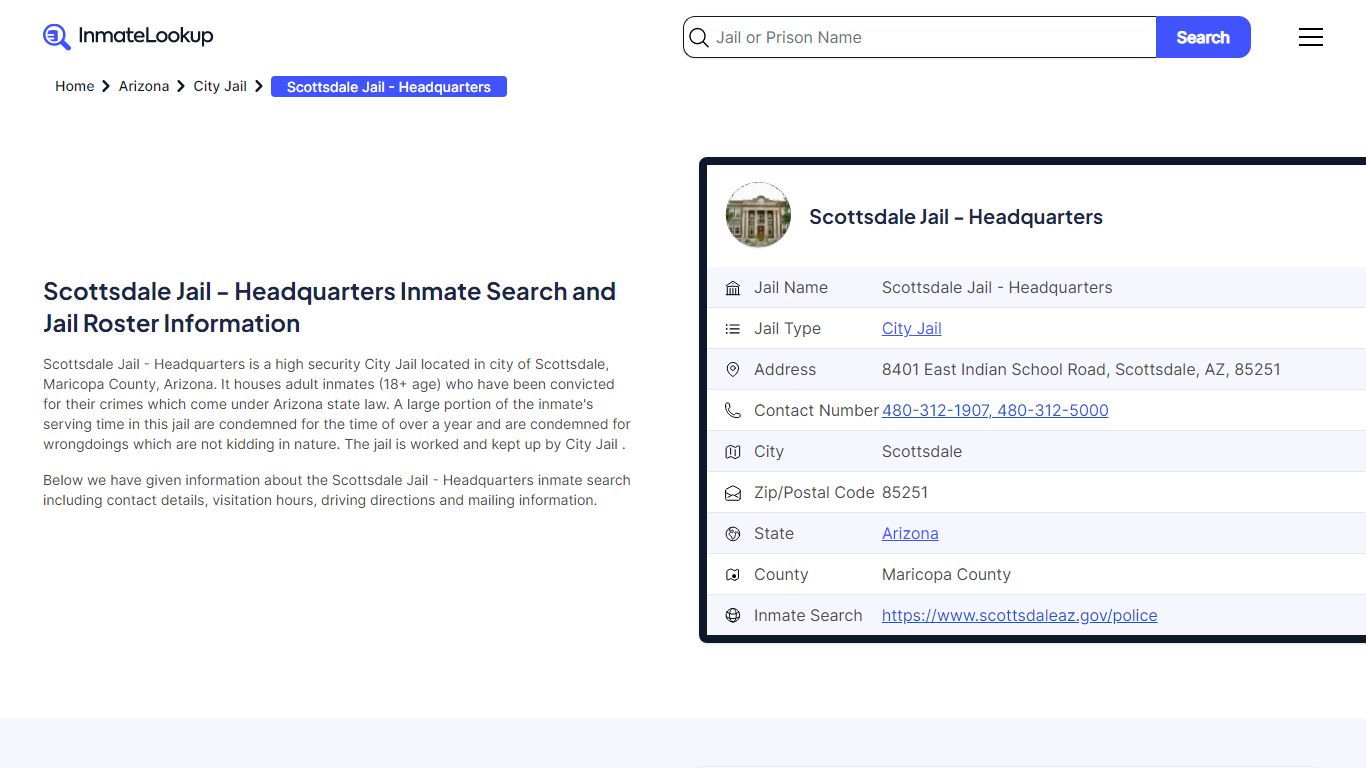 Scottsdale Jail - Headquarters (AZ) Inmate Search Arizona - Inmate Lookup